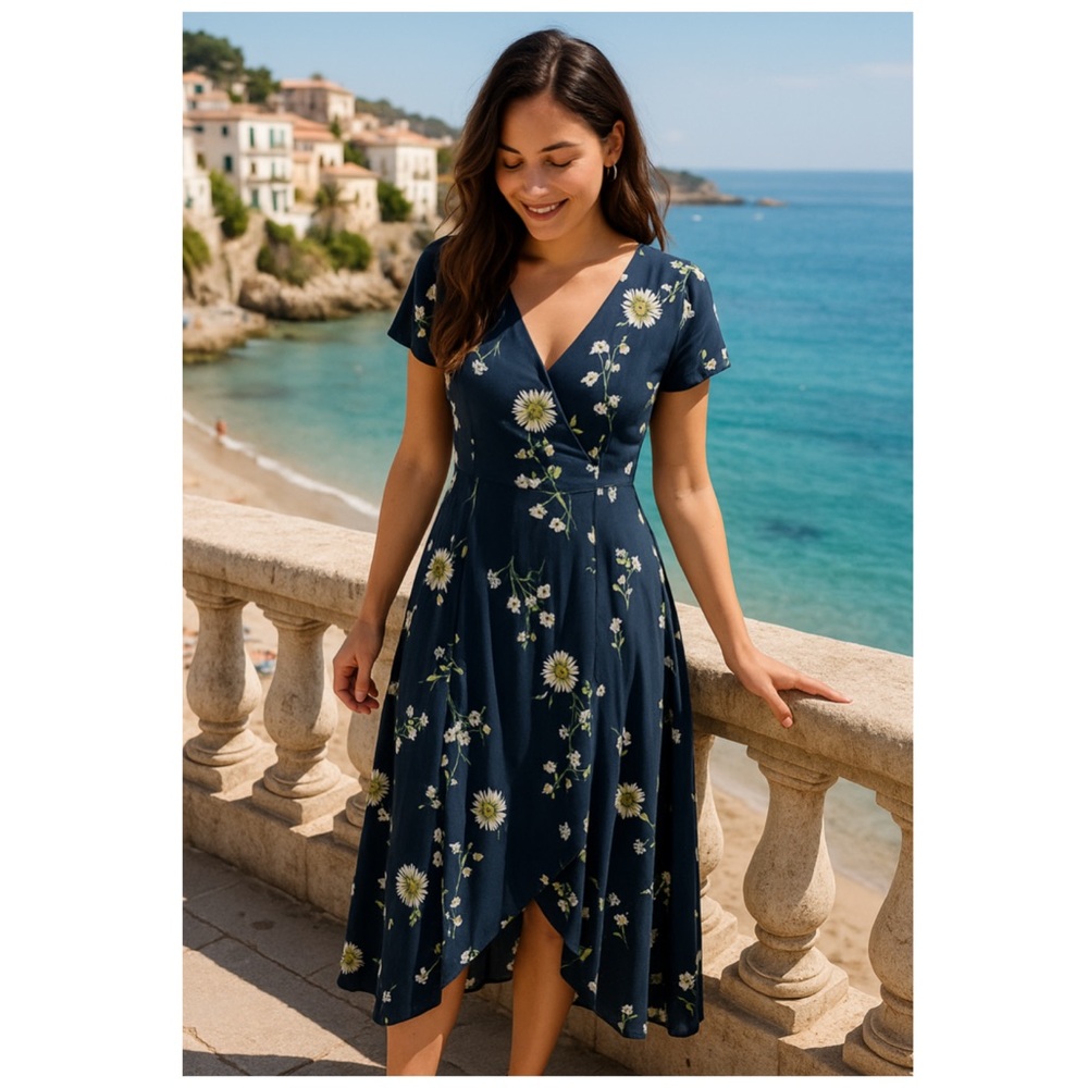 FREE PEOPLE Blue Floral V-Neck Short Sleeve Button Front Midi Dress Large - Picture 3 of 14